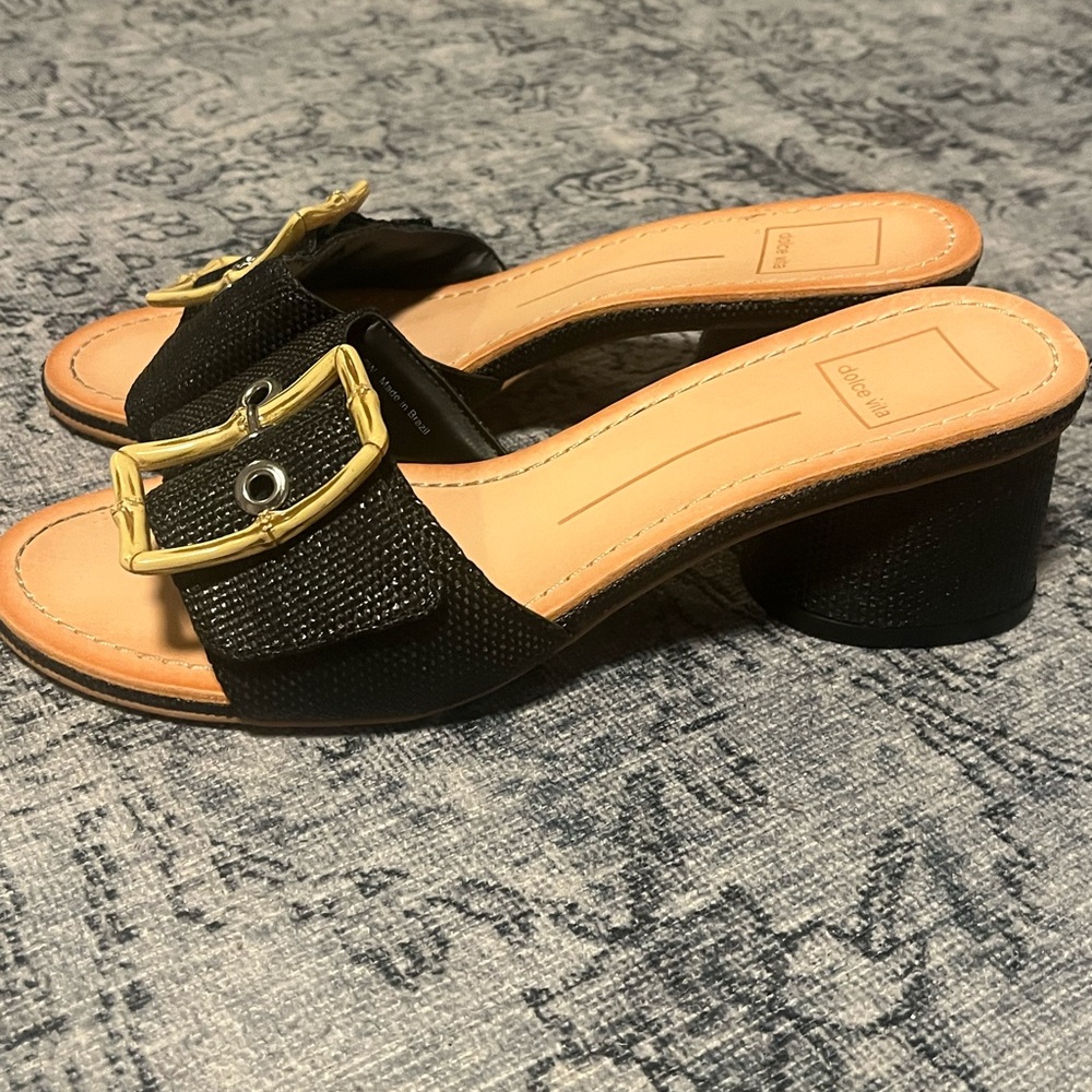 Black Slide Sandals with Gold Buckle - Women